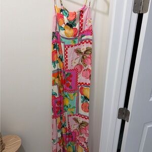 Floral Patchwork & Fruit Maxi Dress - Pink and Multicolor